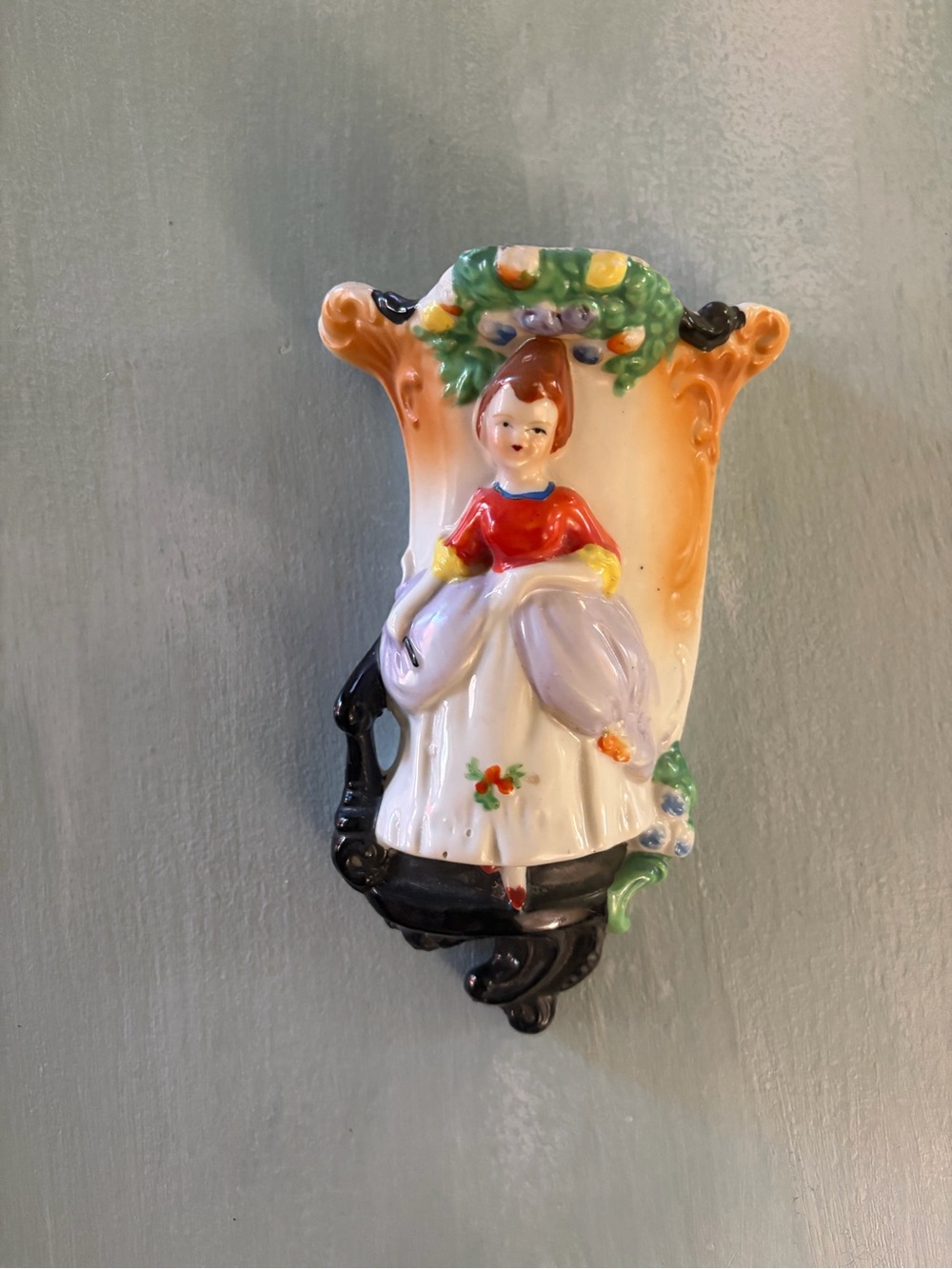 Vintage Ceramic Wall Pocket Vase with Figurine - Multicolor